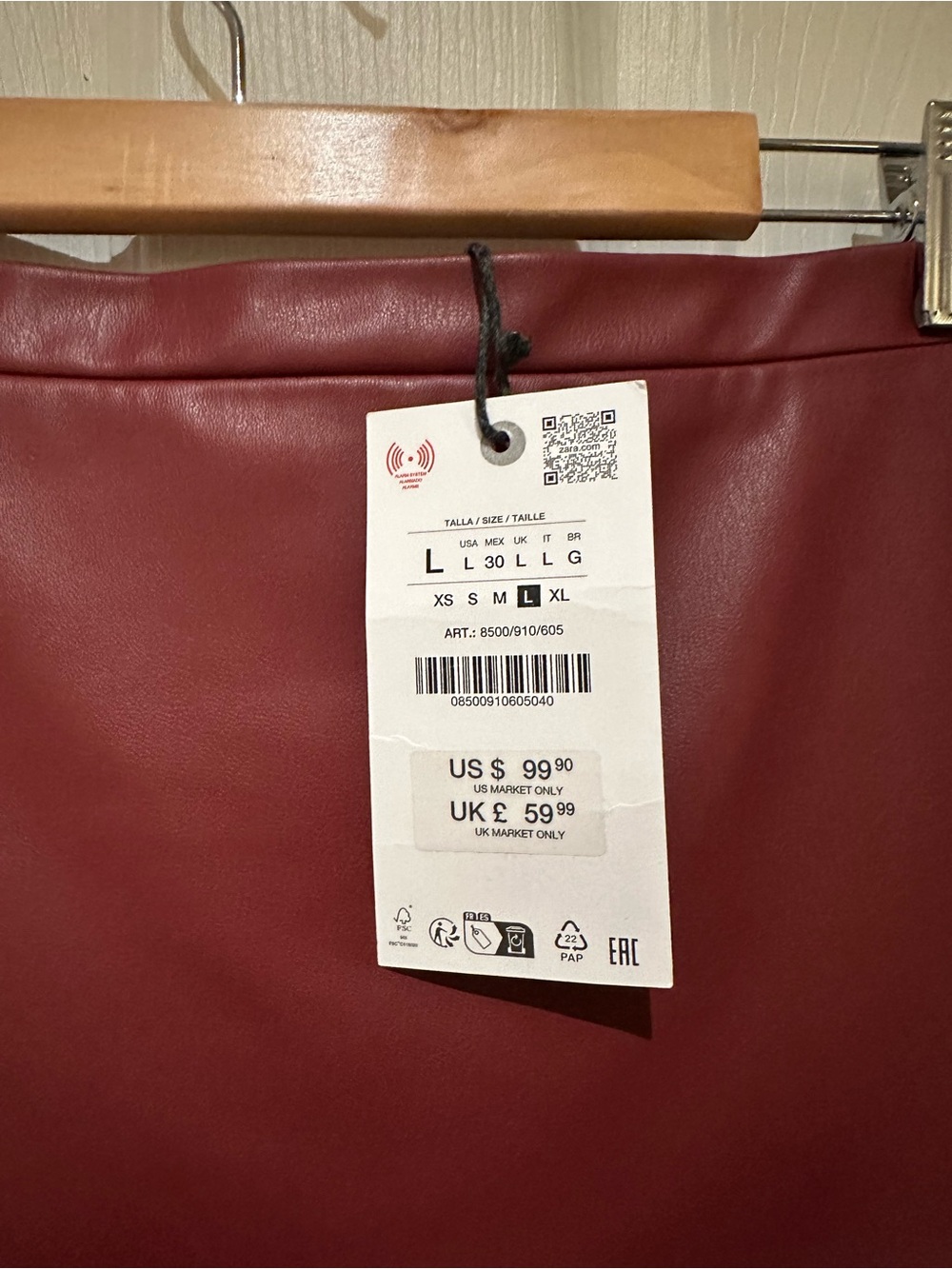 Zara Burgundy Faux Leather A-Line Midi Skirt - Picture 2 of 3